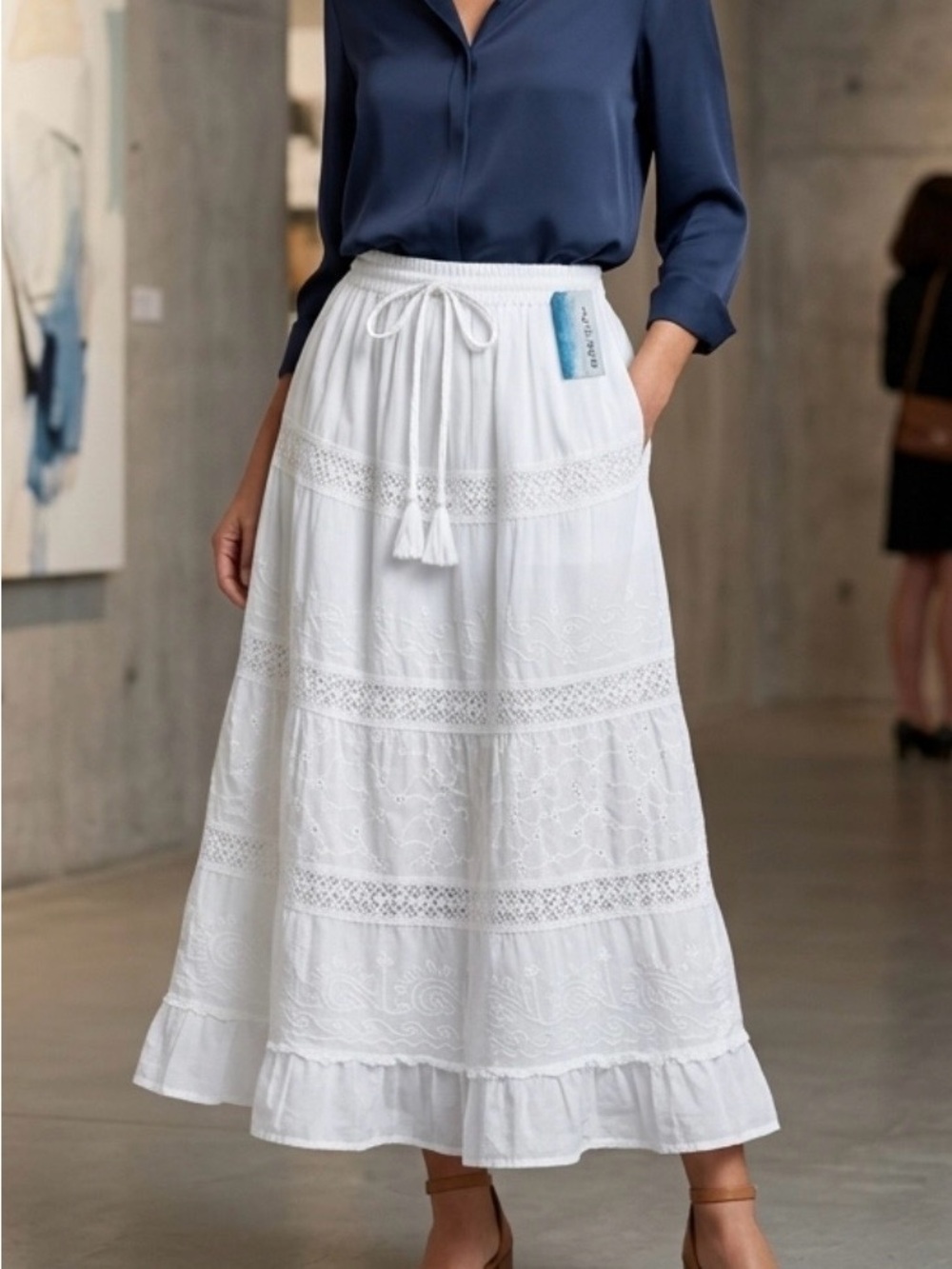 New Cotton Boho White Waves Tiered Eyelet Skirt white S/M L/XL XXL